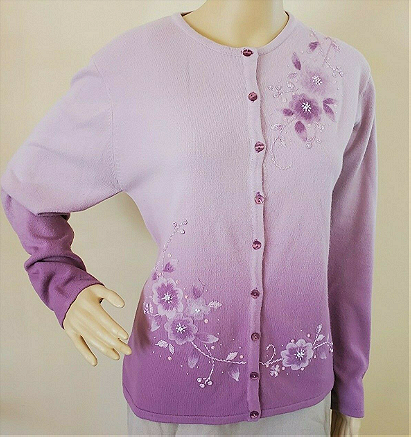 Sweater Cardigan Lavender Purple Beaded Embroidered Button Front Large EUC