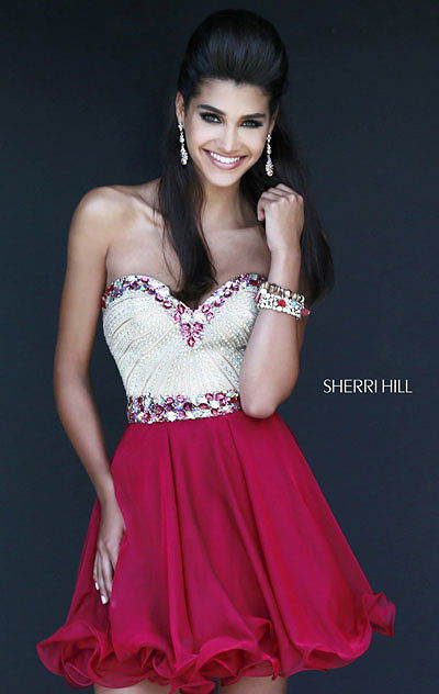 2015 Strapless Sherri Hill 1929 Jeweled Ruby Layered Short Chiffon Cocktail Dresses