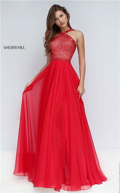 2017 Glamorous Sherri Hill 11319 Halter Style Red Straps Stone Slit Prom Gown