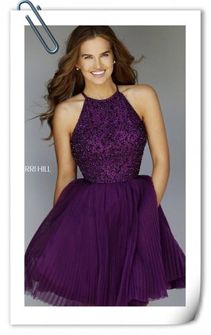 Sherri Hill 32335 Haltered Beaded Open Back Purple Cocktail Dress