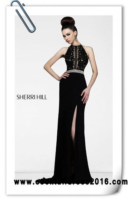 Black Beaded Appliques Halter Slit Prom Dress Long by Sherri Hill 21210