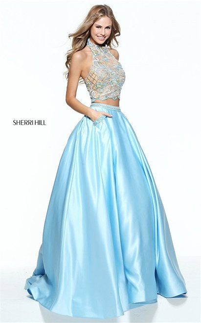 2 Piece Sherri Hill 51041 Beaded Embroidered Halter Long Party Gown 2017