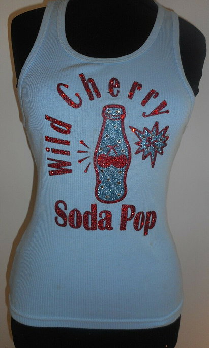 JOOMI JOOLZ T Shirt Blouse Rhinestones Blue Wild Cherry Soda Pop S M Red Top