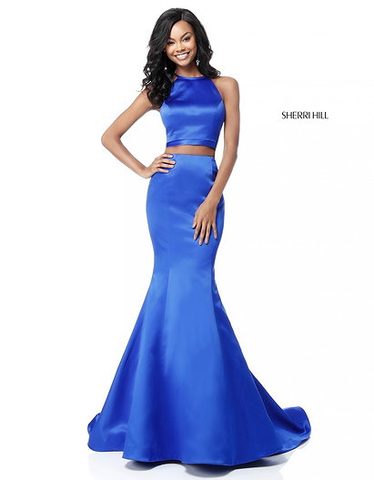 2018 Sherri Hill 51585 Halter Neck Royal Two Piece Long Satin Evening Gowns
