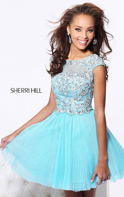 2015 Light Blue/Silver Sherri Hill 21032 Sequin 2015 Cap-Sleeves Short A-Line Tulle Cocktail Dresses
