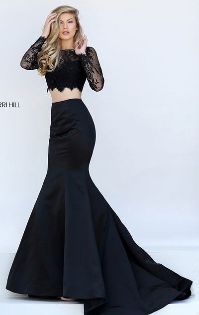 Sherri Hill 50467 Scalloped Lace Long Sleeves Black Two Piece 2017 Long Satin Prom Dresses