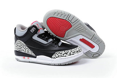 Kids Jordan 3 - Black Cement and Grey Sport Red - Leather