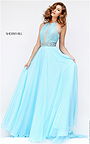 Sherri Hill 50454 Long Cutout Back Light Blue Beading Halter Style Evening Gown Spring 2017