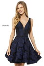 2018 Sherri Hill 52177 V Neckline Short Brocade Prom Dresses Black/Navy [Sherri Hill Black/Navy 52177] - $240.00