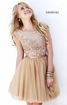 2015 Nude Bateau-Neck Chiffon Short Homecoming Dresses Sherri Hill 11171 Sweetheart-Bodice