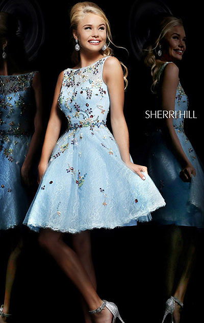 Cheap Light Blue/Multi Open-Back Beaded Sherri Hill 4305 High-Neck Short Lace Prom Dresses