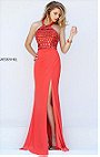 Sherri Hill 50338 Open Back Coral Beaded Embellishments Halter Neckline Long Slit Prom Dresses 2016