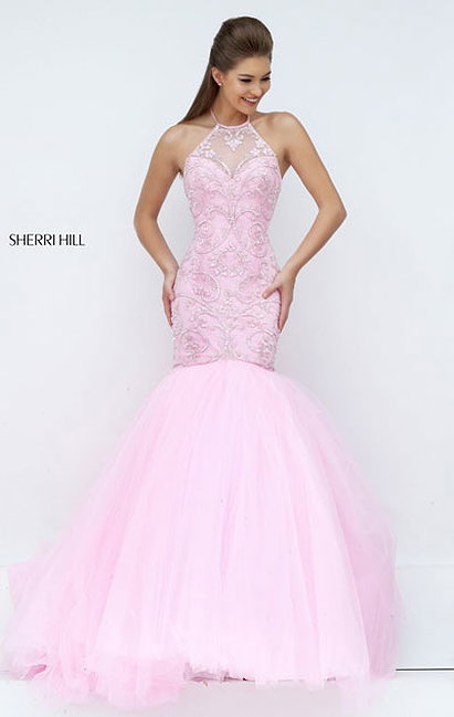 Sherri Hill 50352 Open Back Patterned Beaded Halter Neckline Pink 2016 Long Pleated Prom Dresses