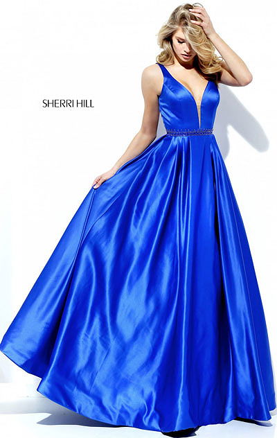 2016 Plunging V Neck Royal Sherri Hill 50496 A Line Long Satin Evening Gowns