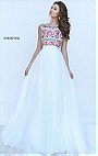 2017 Floral Printed Ivory/Multi Boat Neckline Sherri Hill 50457 Cap Sleeves Long Chiffon Evening Dresses