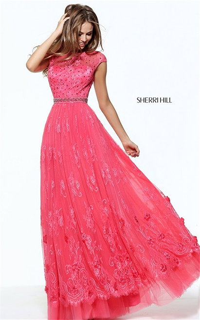 Beads Embellished Sherri Hill 50969 Coral Lace Long 2017 Prom Dress