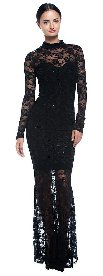 Women's Black Goth Victorian Inspired Lace Mermaid Sheer High Neck Long Dress (Medium)