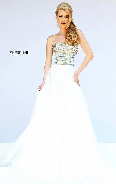 Sherri Hill 11175 Straight-Neck Ivory/Multi Beaded 2015 Long Chiffon Prom Dresses