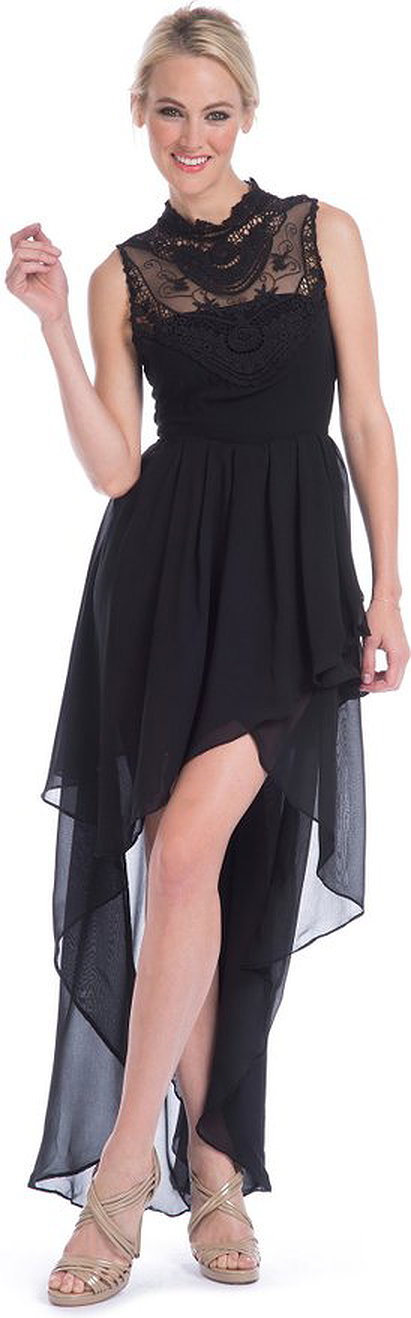 Lace Yoke Sheer Chiffon High-Low Prom Dress, L, Black
