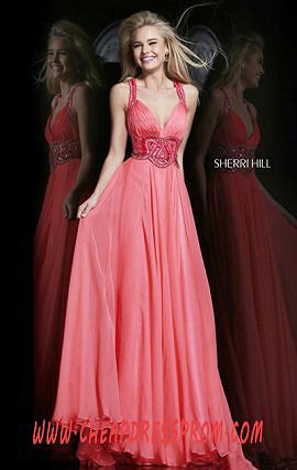 Beads Sherri Hill 11102 Coral Sweetheart-Neck Chiffon Long Prom Dresses Cheap Sale