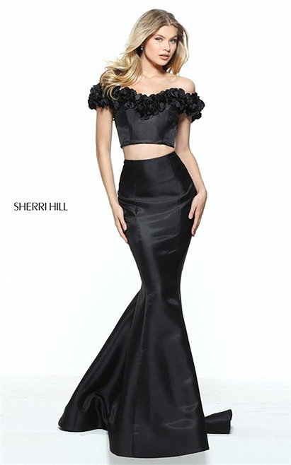 Off Shoulder Sweet Floral Sherri Hill 51028 Black 2-Piece Mermaid Dress