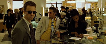 Edward Norton and Brad Pitt as in FIGHT CLUB as Unknown Narrator and Tyler Durden
