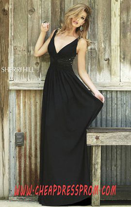 Black 2015 Sherri Hill 5206 V-Neck Bodice Lace Long Ruched Prom Dresses