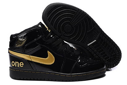 Nike Air Jordan 1 High:Black/Gold Leather Men Basketball Shoes