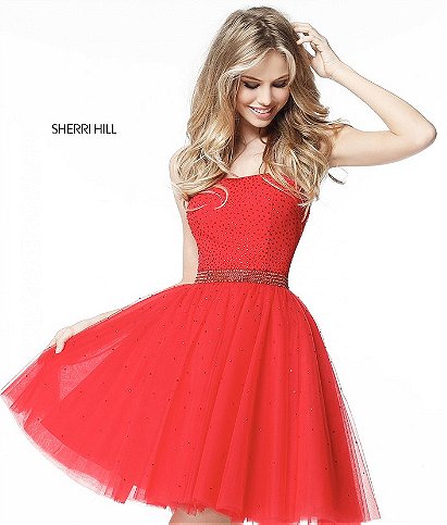 2017 Strapless Sherri Hill 51327 Beaded Bodice Red Short Tulle Prom Dresses [Sherri Hill 51327 Red] - $220.00