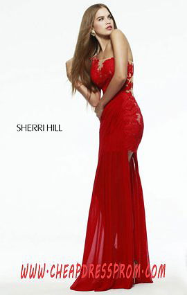 2015 Sherri Hill 5201 Asymmetrical Applique Red Lace Long Ruched Prom Dresses