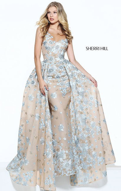 2017 Sherri Hill 50837 Beaded Nude/Light Blue Applique Prom Tulle Dress