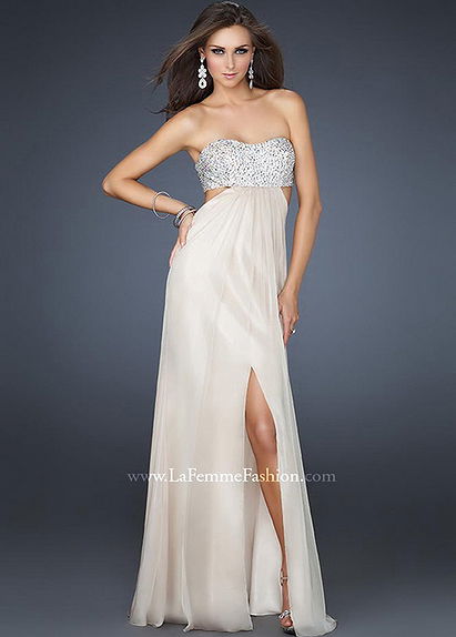 Strapless La Femme 16291 Nude Beaded Cutout Open Back Slit Dress