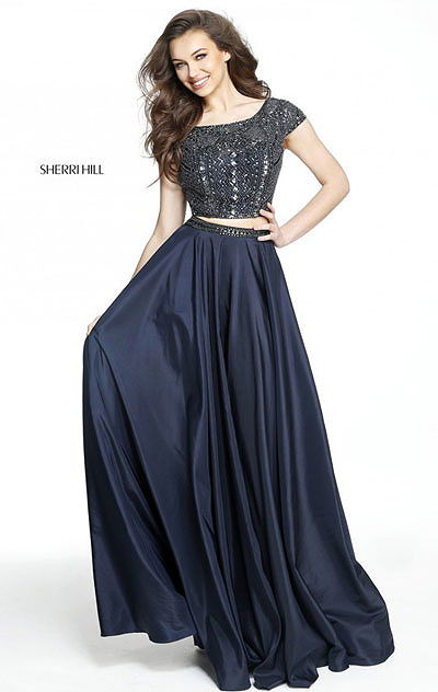 2017 Scoop Back Two Piece Bateau Neckline Beaded Cap Sleeves Navy Sherri Hill 50802 Long Taffeta Prom Dresses