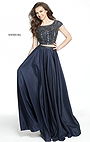 2017 Scoop Back Two Piece Bateau Neckline Beaded Cap Sleeves Navy Sherri Hill 50802 Long Taffeta Prom Dresses