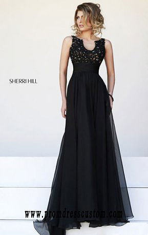 Beaded 2015 Black/Nude Sherri Hill 32011 Scoop-Neck Long Lace Evening Gown