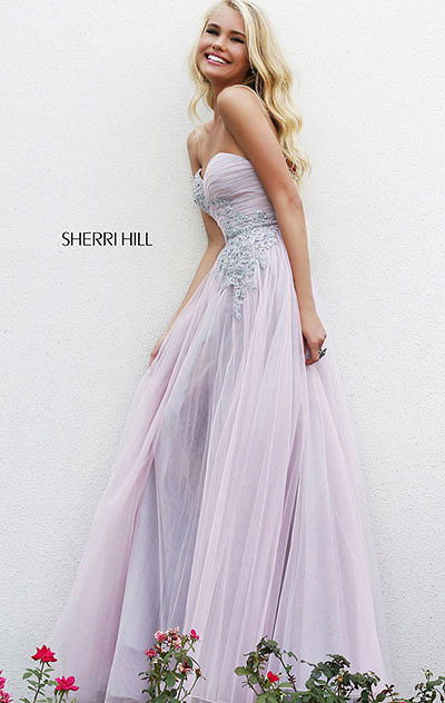 2014 Sherri Hill 11114 Beaded Pink/Silver Floral Long Bodice Evening Dress