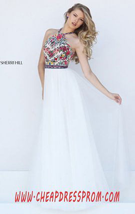 Halter-Neck Floral Printed Ivory/Multi Sherri Hill 50343 2016 Long Beads Prom Dresses