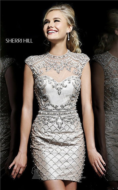 2015 Sherri Hill 4304 Nude Beaded Open Back Fitted Homecoming Dress Short
