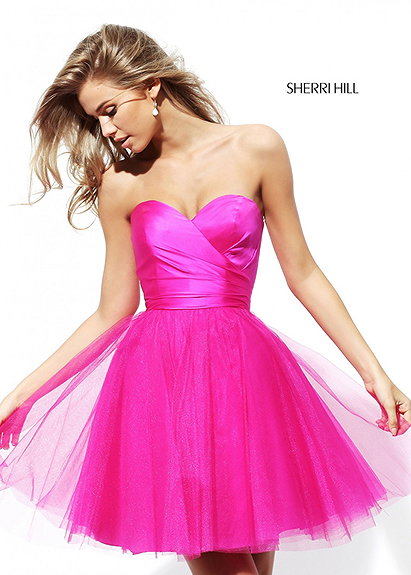 Sherri Hill 50657 Flirty Ruched Satin Sweetheart Bodice Fuchsia Homecoming Dress