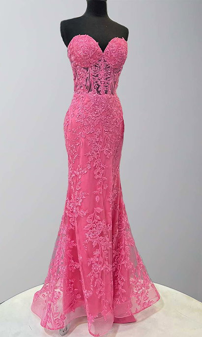 Hot Pink Applique Bustier Mermaid Prom Dresses Long Corset Formal Evening Dresses
