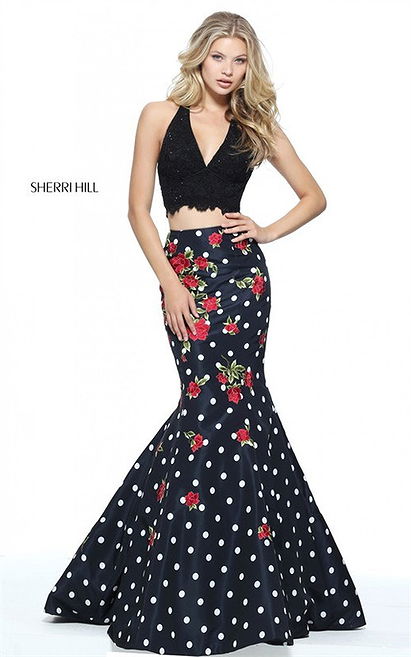 Polka Dot Print Sherri Hill 51239 Halter Two-Piece Mermaid Dress Online Sale