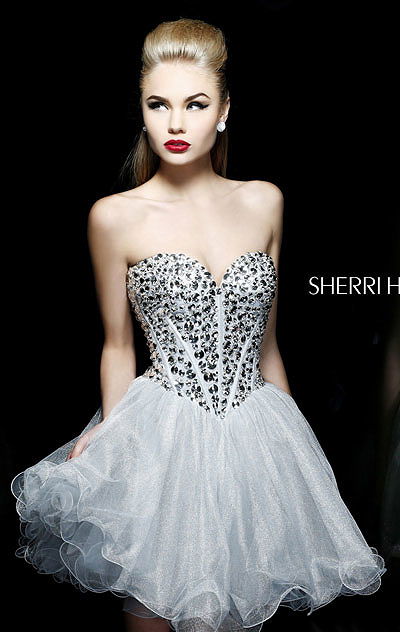 2014 Silver Beaded Strapless Sherri Hill 21205 Short Lace Prom Dress