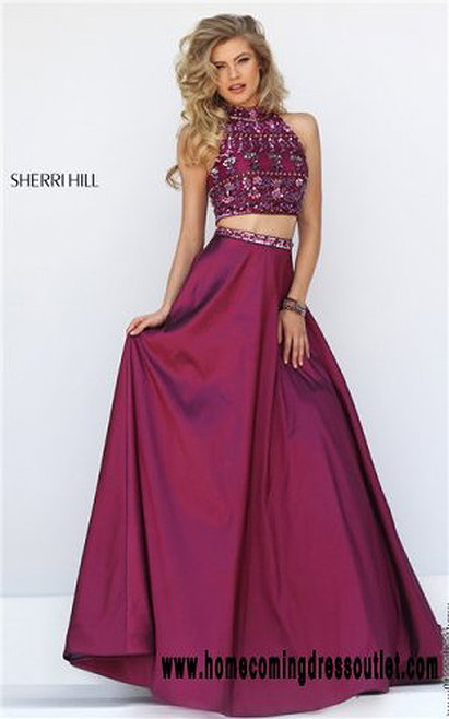 2016 Sherri Hill 32366 Wine/Multi Long Two-Piece Beaded Cutout Back Prom Gown