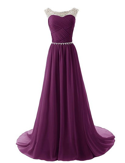 Dressystar Elegant Chiffon Beads Long Prom Dresses 2014 Pleated Party Gowns Size 2 Grape