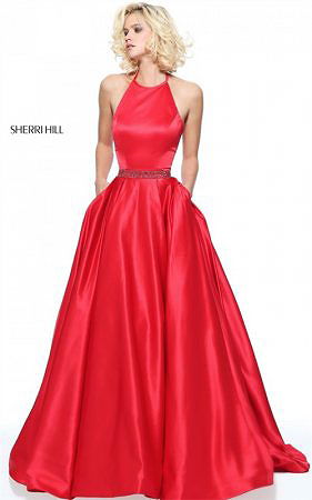 2017 Long Red Sherri Hill 51036 Halter A-Line Beaded Prom Dress For Juniors