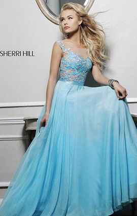 2015 Beaded Sherri Hill 11151 A-Line Aqua/Nude Chiffon Long Homecoming Dresses