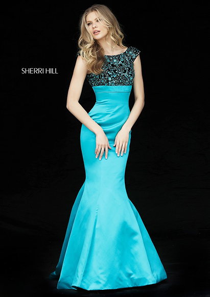 Black/Turquoise Beaded Bodice High Neck Sherri Hill 51373 Cap Sleeves Latest Charming Long Satin Mermaid Gowns