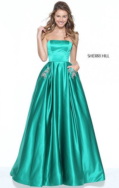 2017 Beaded Pockets Sherri Hill 50812 Satin Long A Line Prom Dresses Emerald