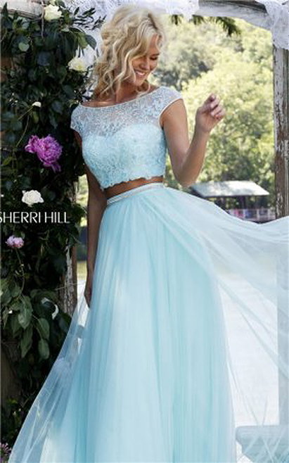Light Blue Two Piece Set Beaded 2016 Prom Dress Affordable Sherri Hill 50038