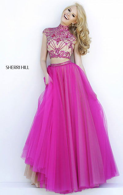 Sherri Hill 11176 High-Neck 2015 Beaded Fuchsia/Nude Cap-Sleeves Long Prom Dresses